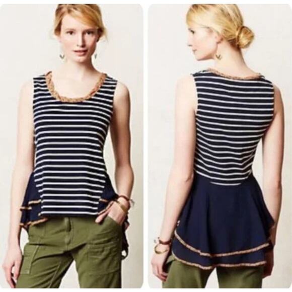 Anthropologie PostMarked Navy Striped Flowy Peplum Sleeveless Top Sz Med N - Picture 1 of 7